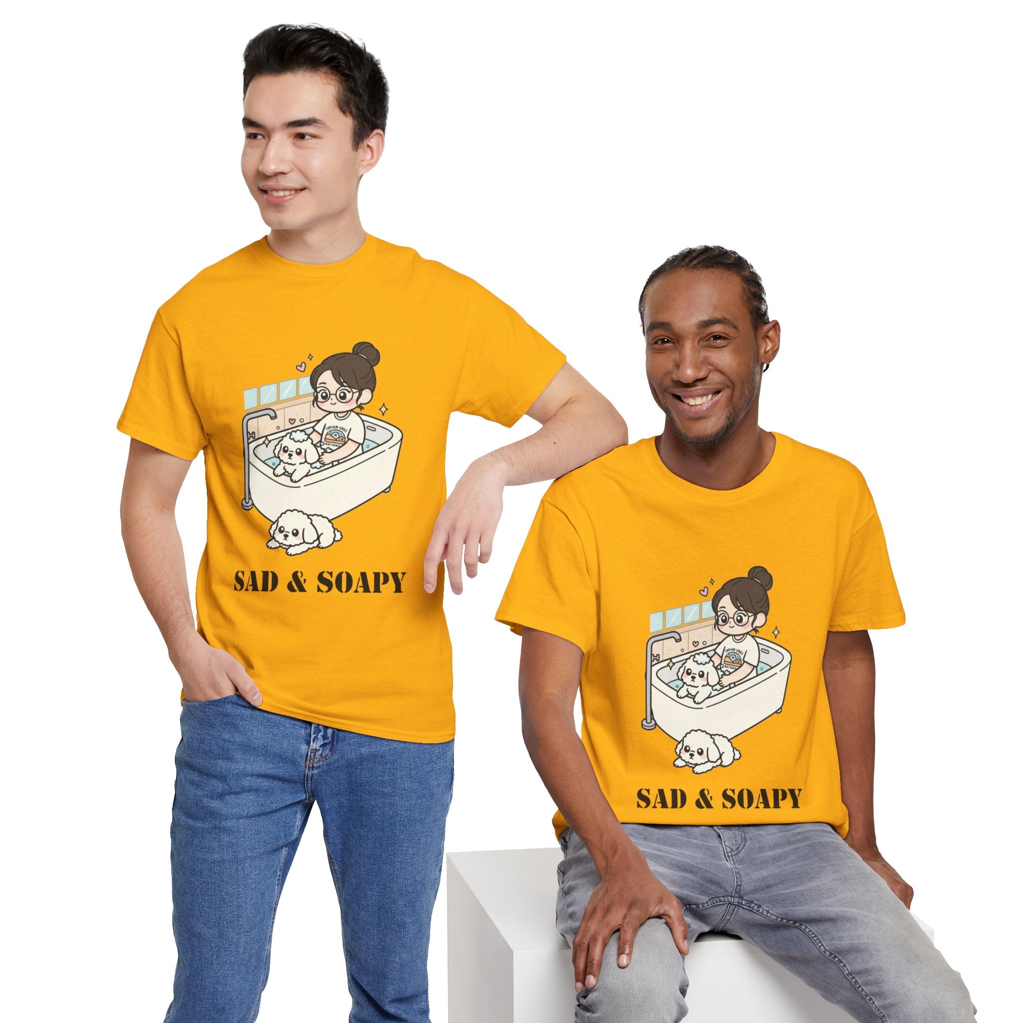 Sad & Soapy T-Shirt — Cute Bathing Girl with Puppy Graphic Tee