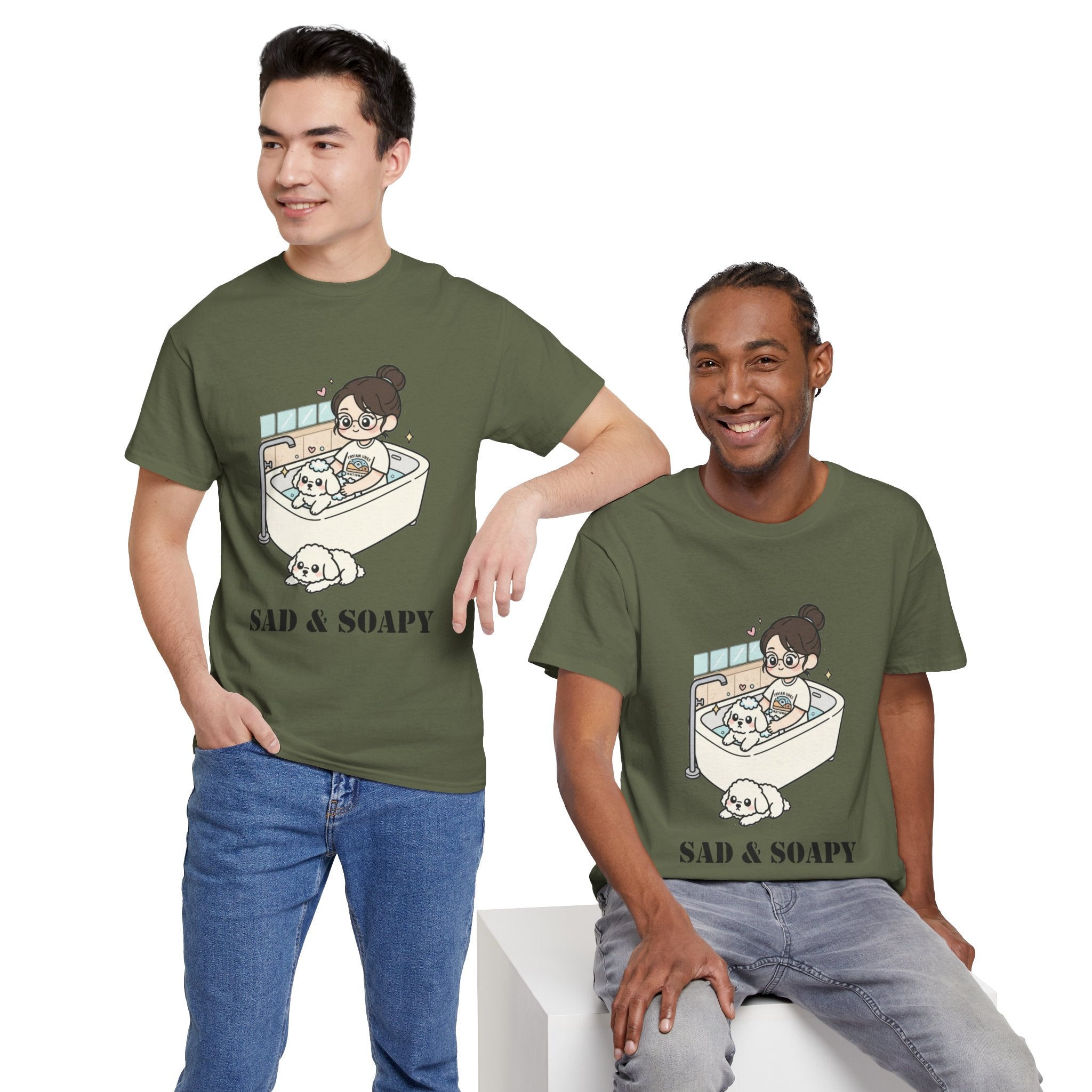 Sad & Soapy T-Shirt — Cute Bathing Girl with Puppy Graphic Tee