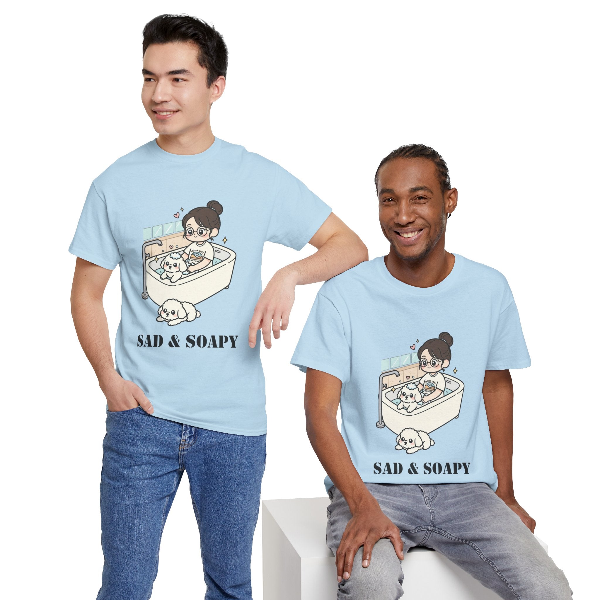 Sad & Soapy T-Shirt — Cute Bathing Girl with Puppy Graphic Tee