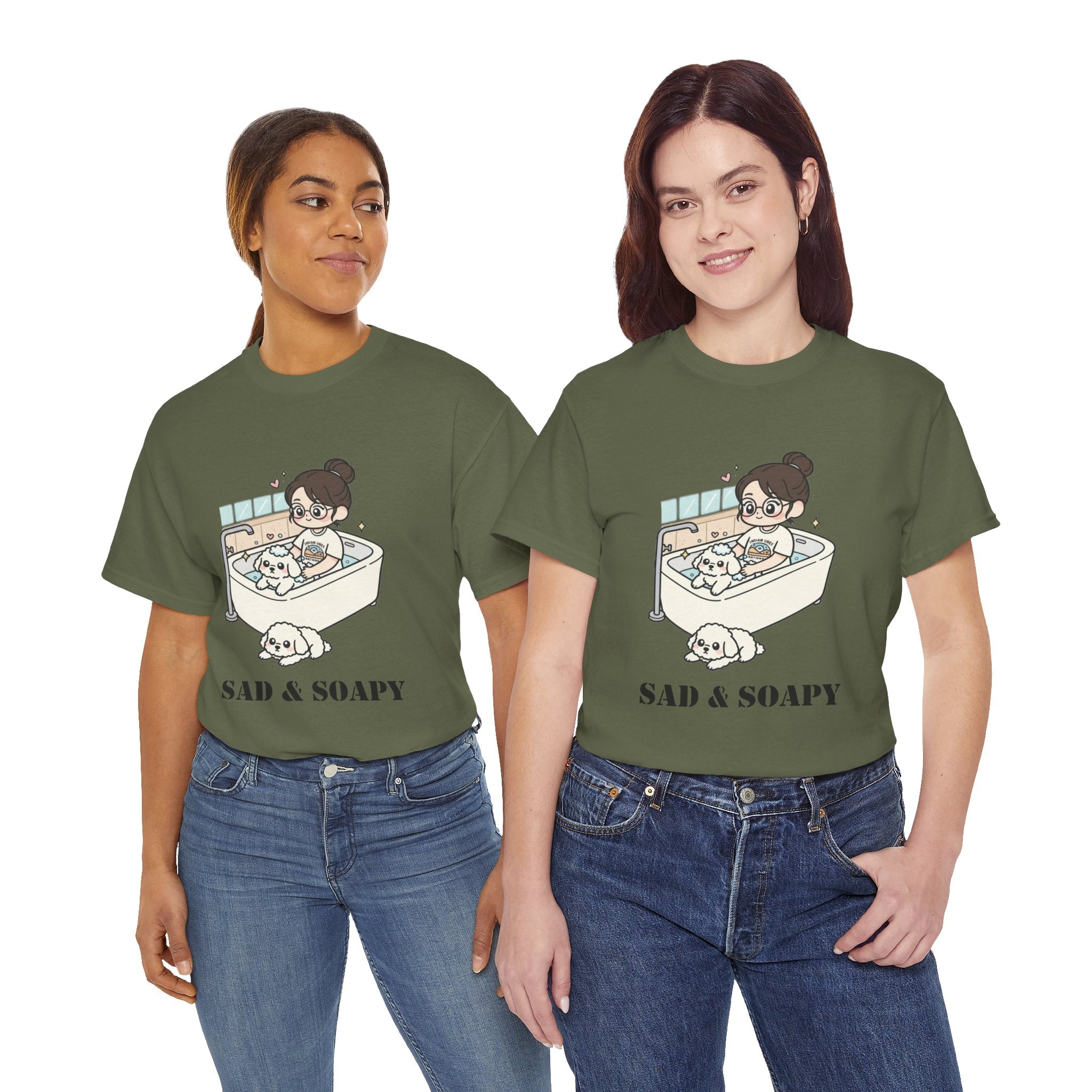 Sad & Soapy T-Shirt — Cute Bathing Girl with Puppy Graphic Tee
