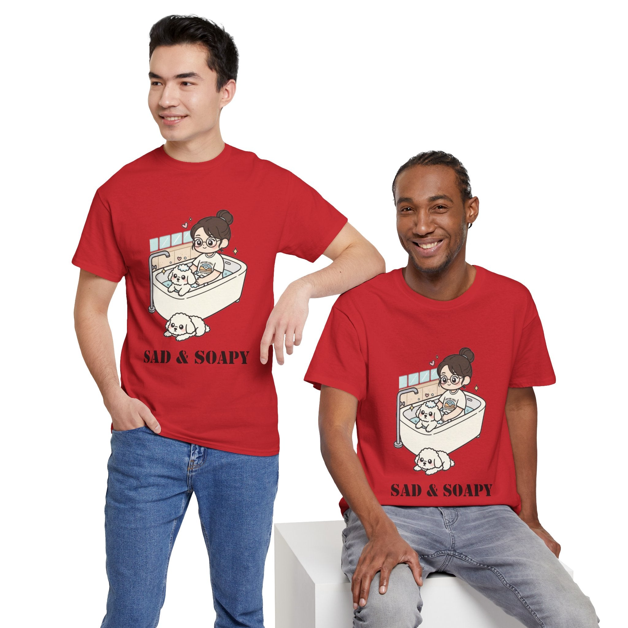 Sad & Soapy T-Shirt — Cute Bathing Girl with Puppy Graphic Tee
