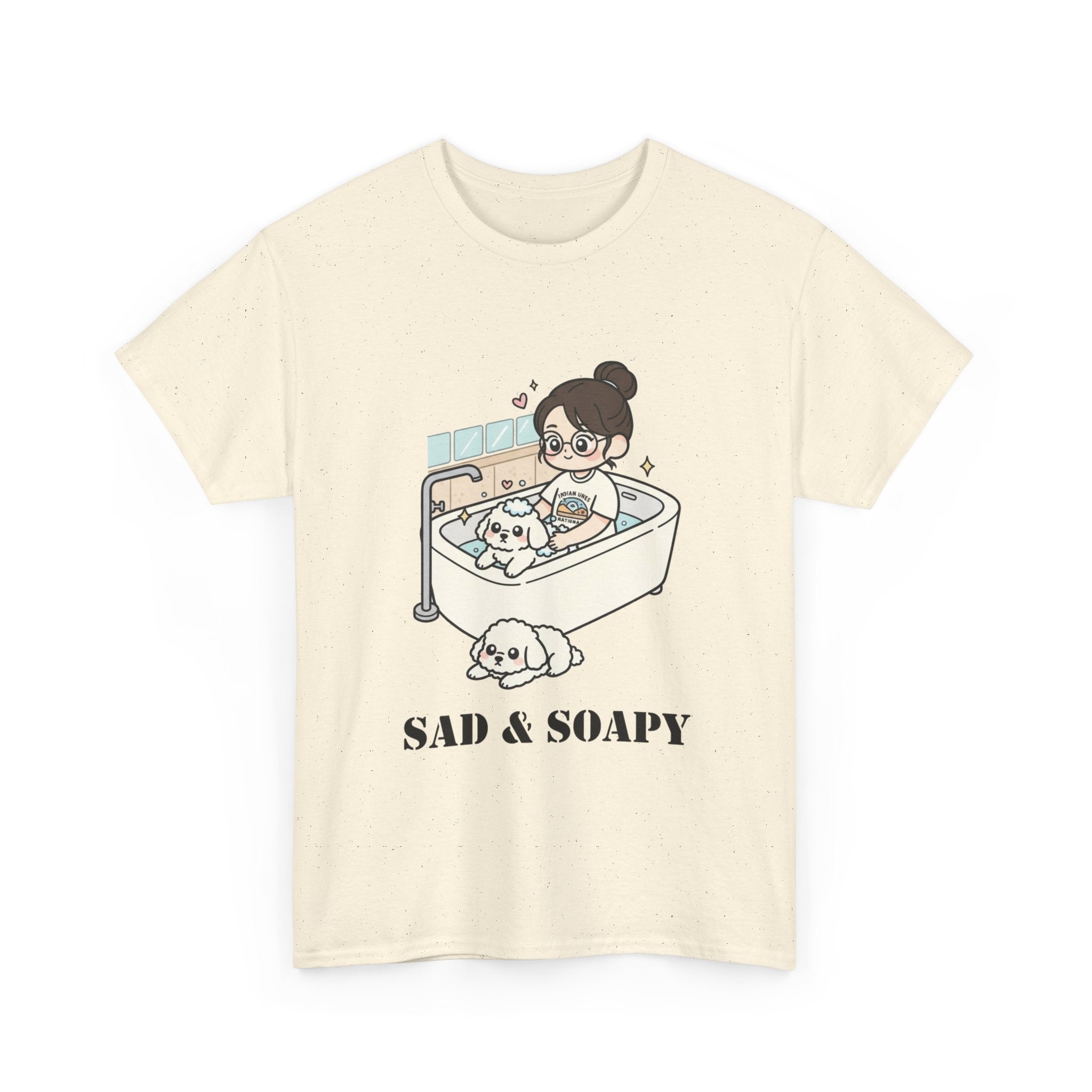Sad & Soapy T-Shirt — Cute Bathing Girl with Puppy Graphic Tee