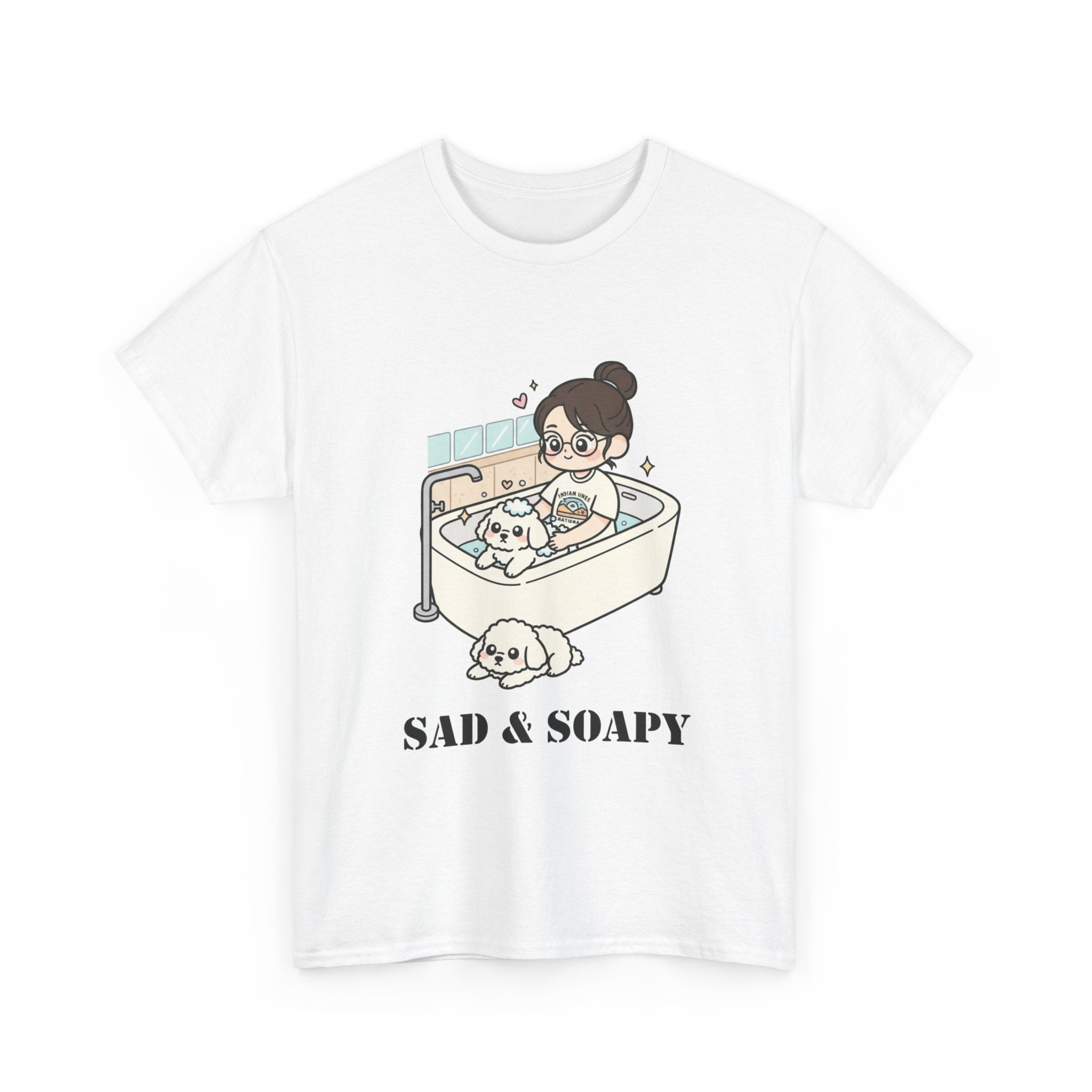 Sad & Soapy T-Shirt — Cute Bathing Girl with Puppy Graphic Tee